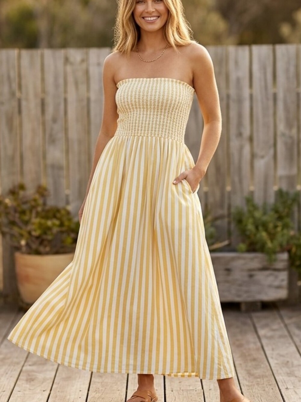 Beautifuk A New Day Yellow/White Strapless Mocked Midi Dress Sz Size Large L